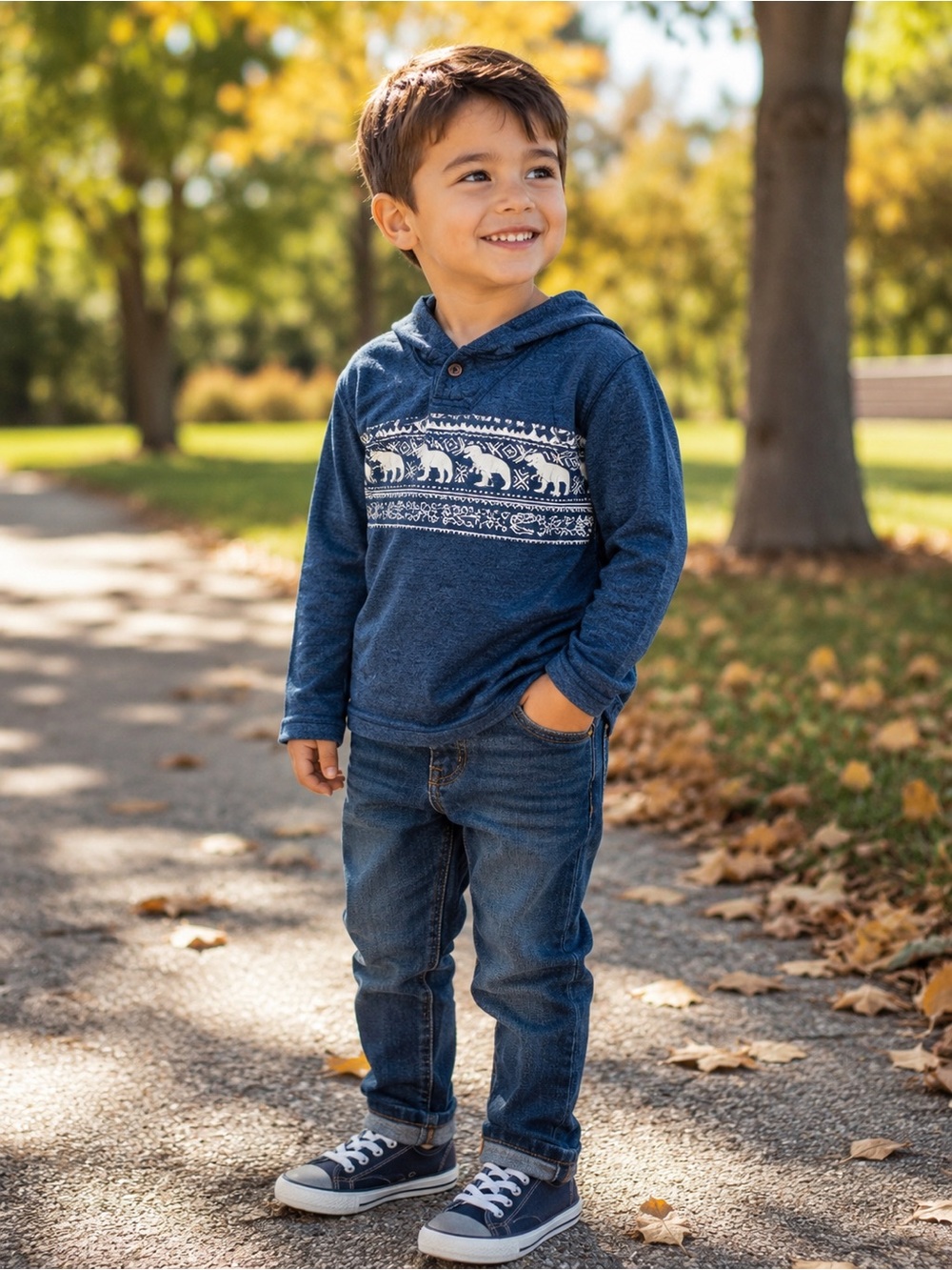 jumping beans Navy Hooded Pullover with White Nordic Animal Stripe